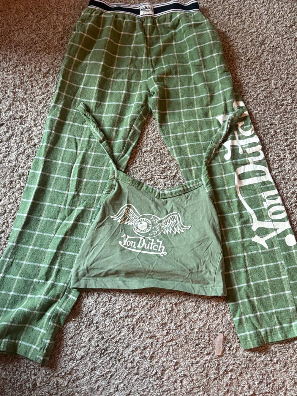 Von Dutch Green Plaid Lounge Pants with White Logo